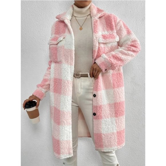 . Jackets & Blazers - Plaid Flap Pocket cozy comfy Teddy Coat Shacket Pink